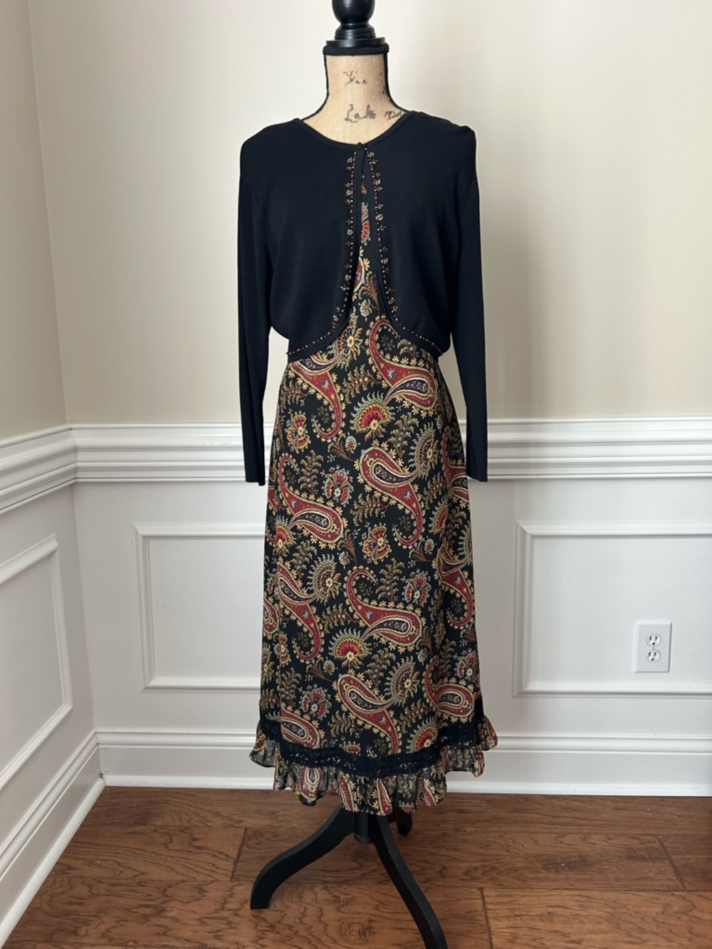 Black Paisley Midi Dress with Coordinating Black Bolero